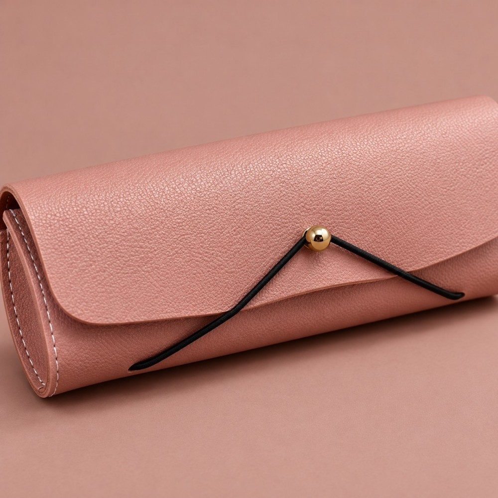 Close-up of the elastic cord and gold-tone stud closure on a pink glasses case