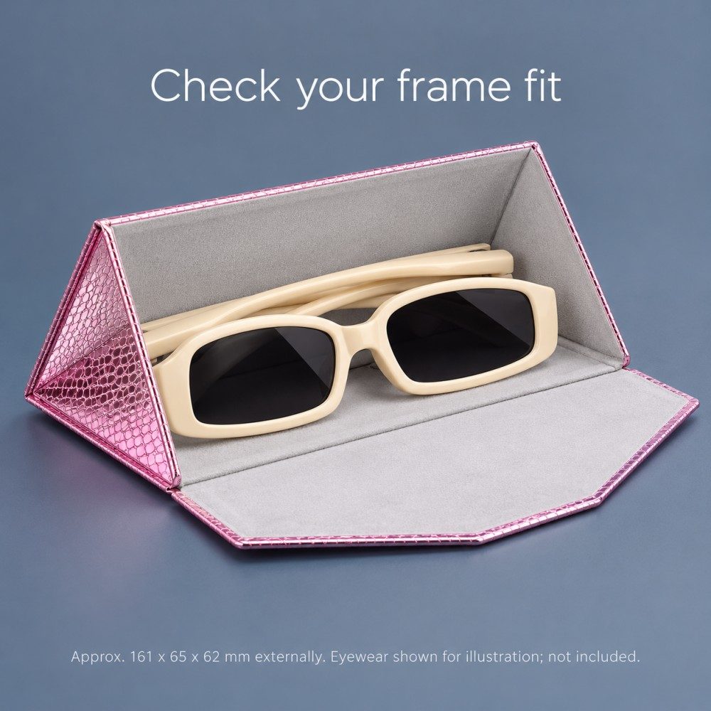 Open pink foldable sunglasses case holding cream rectangular sunglasses, with a frame-fit reminder and approximate external dimensions.