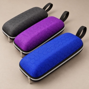 Custom EVA sunglasses case in blue, purple and black with honeycomb-textured shells