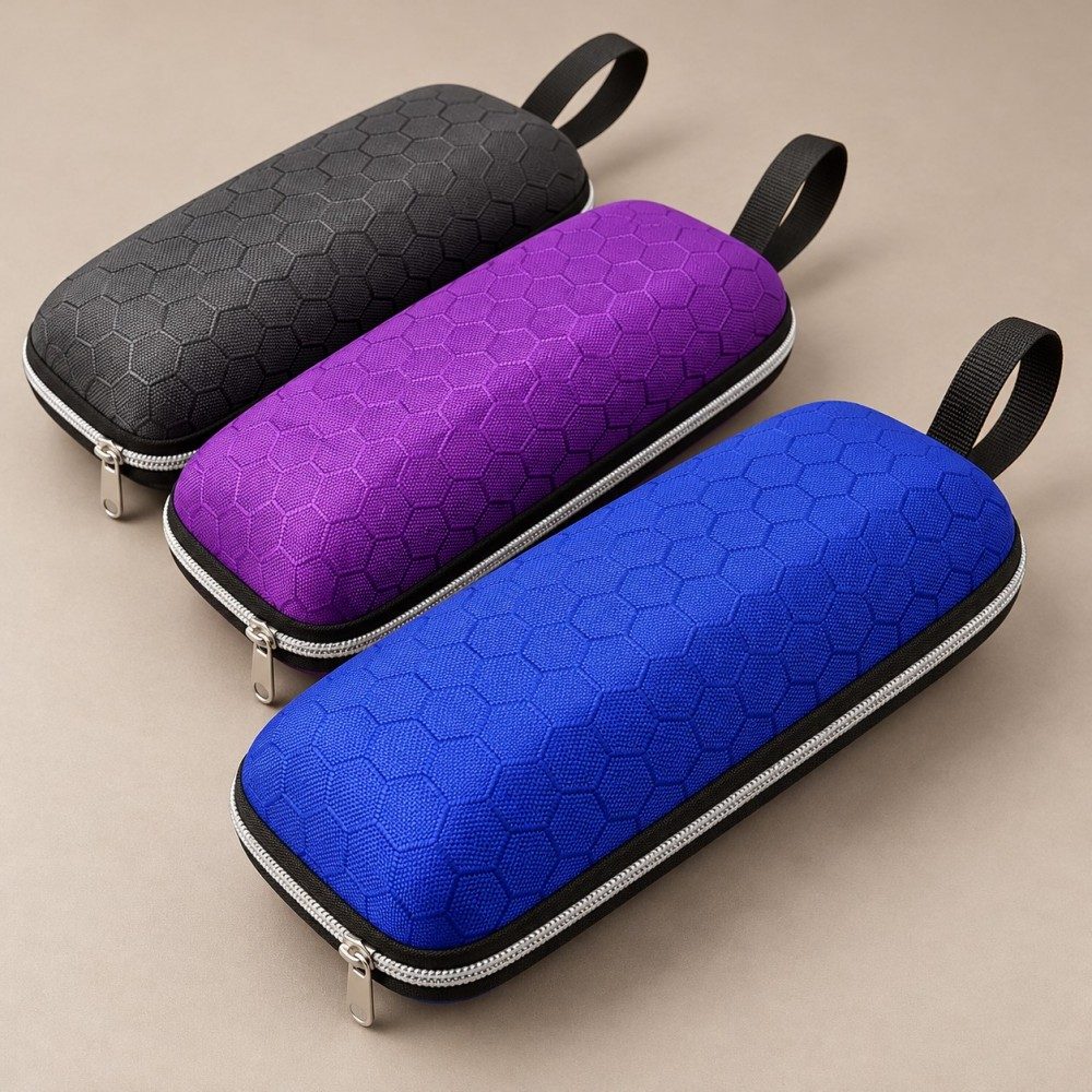 Custom EVA sunglasses case in blue, purple and black with honeycomb-textured shells