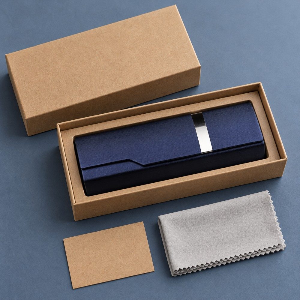Close-up of the brushed PU finish, stepped flap edge and silver accent on the PJ23 glasses case