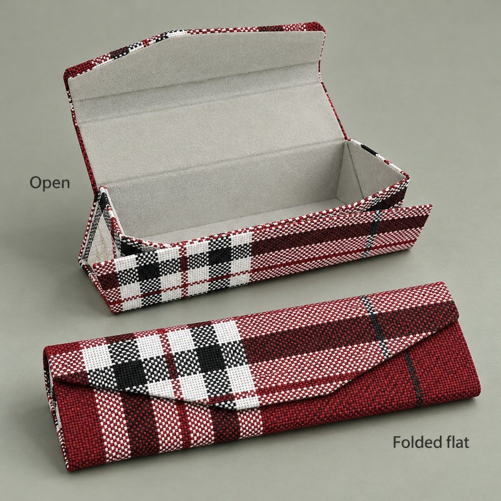 Red plaid sunglasses case shown open with light gray lining and beside it folded flat with the flap closed.