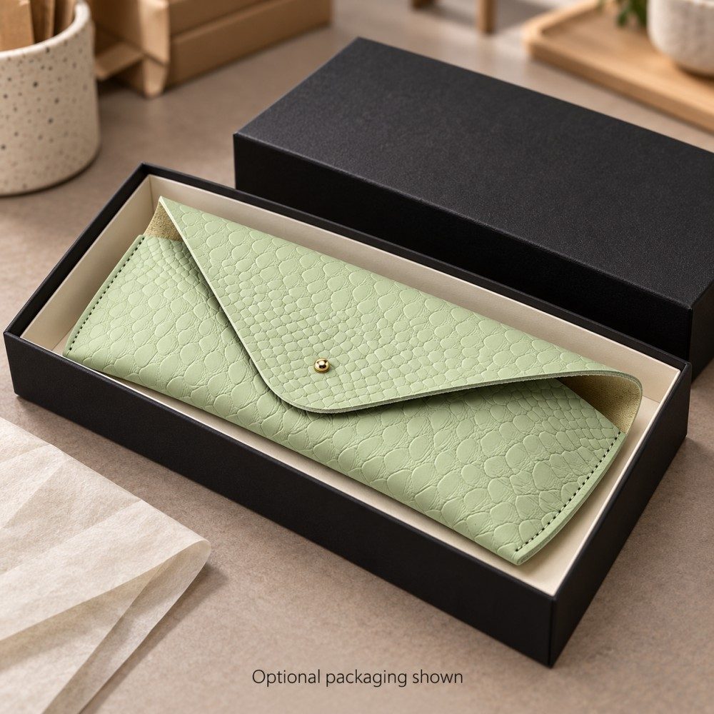 Light green embossed sunglasses case in an optional black gift box on a packing table.
