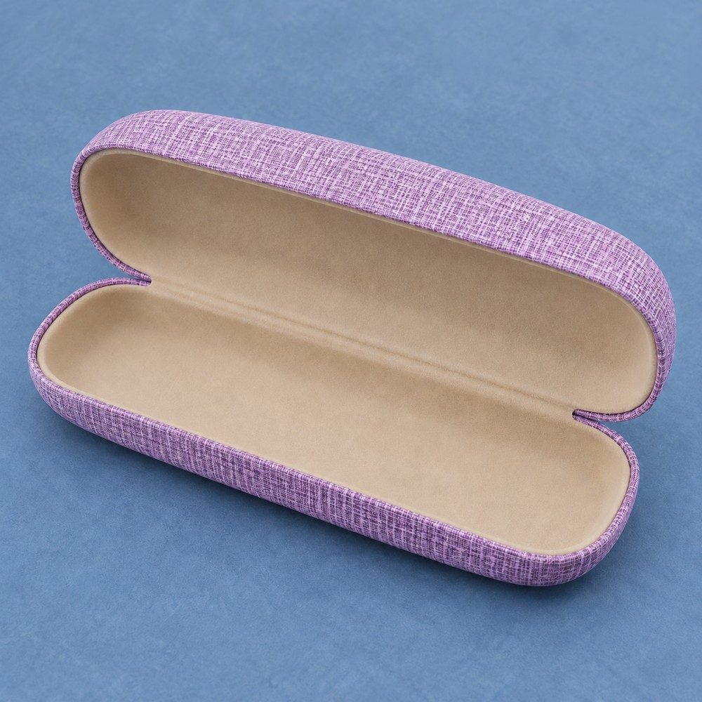 Beige linen-look glasses case beside an optional folded cleaning cloth on an optical-store counter.