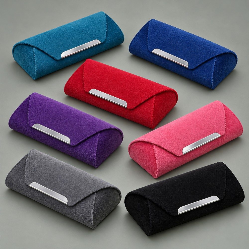 Seven magnetic sunglasses cases in teal, royal blue, red, pink, purple, gray and black with matching silver-colored flap trim.