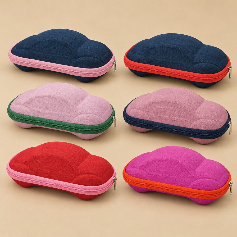 Six car-shaped EVA glasses cases showing contrasting shell and zipper color combinations