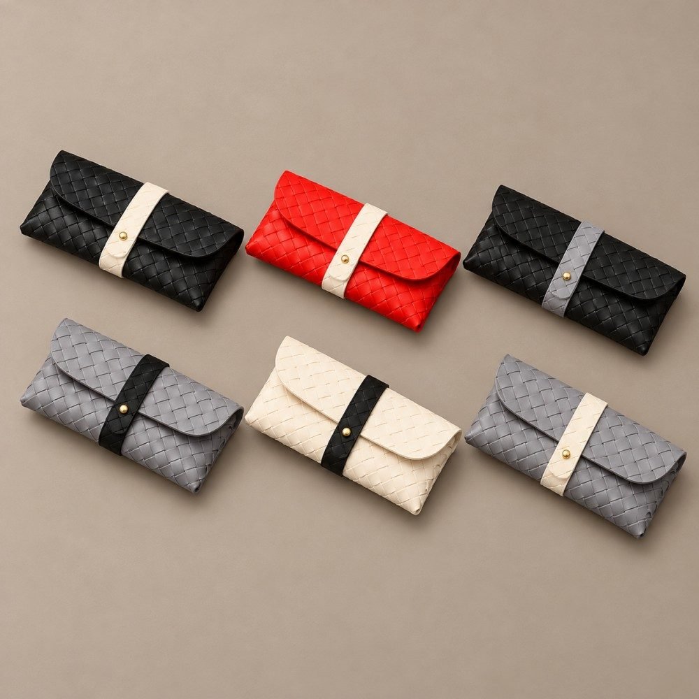 Glasses pouches wholesale, black woven design with ivory strap