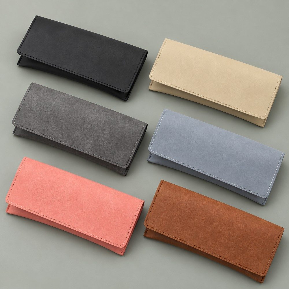 Six soft eyeglass cases in black, pale yellow, dark gray, blue-gray, coral pink and brown with matching rectangular flap designs.