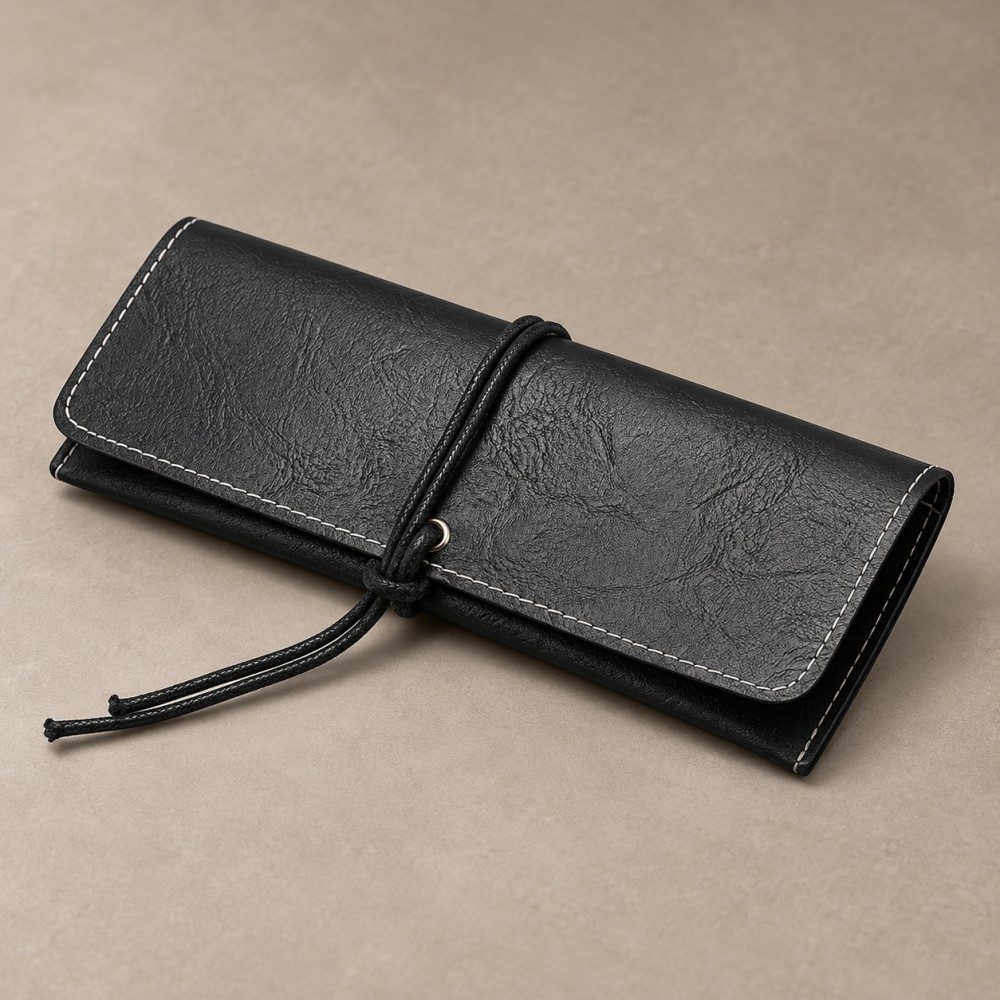 Black PU soft glasses case with a textured finish, light contrast stitching and a wrap-around cord on a warm neutral surface.