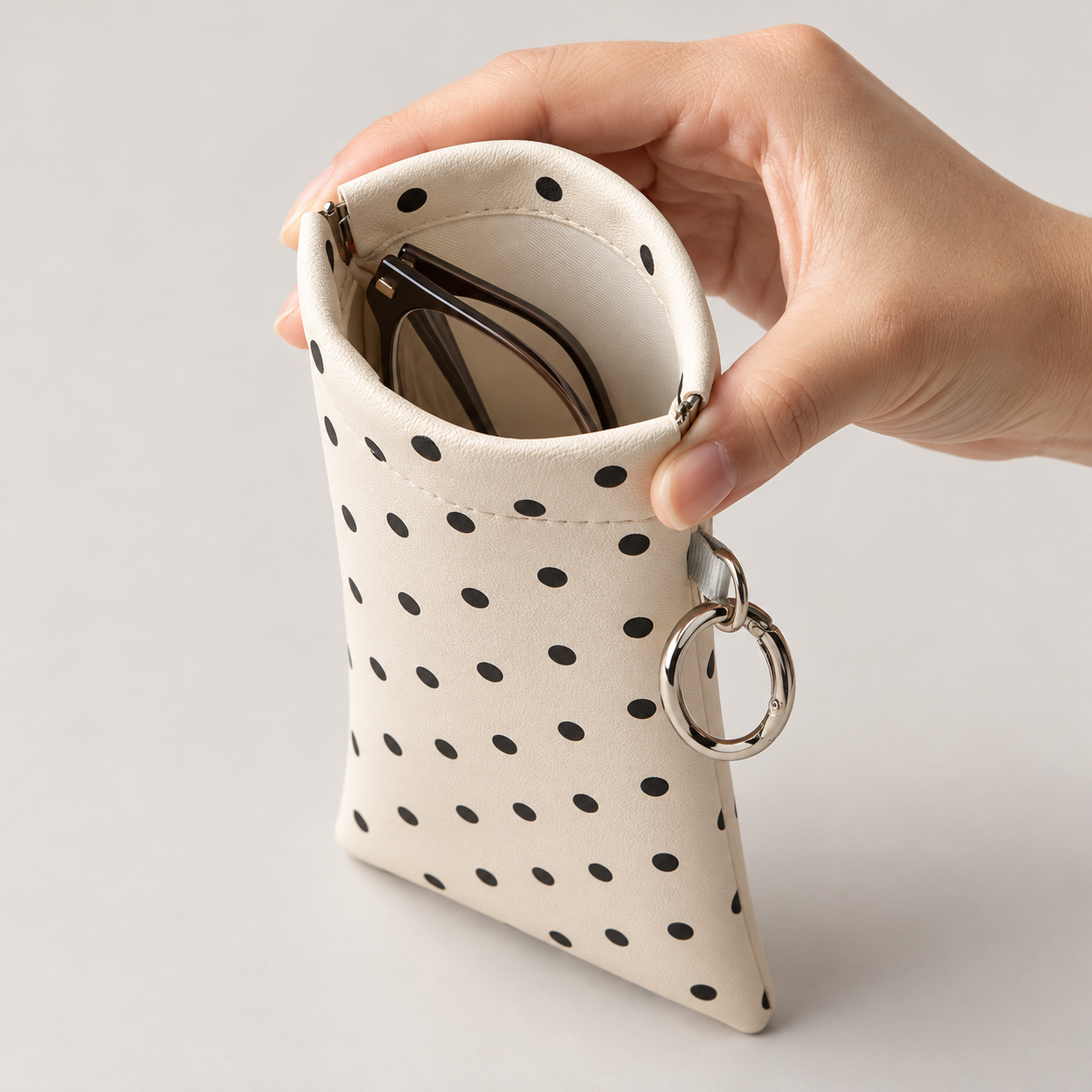 Hand pressing open a squeeze top eyeglass pouch with glasses inside