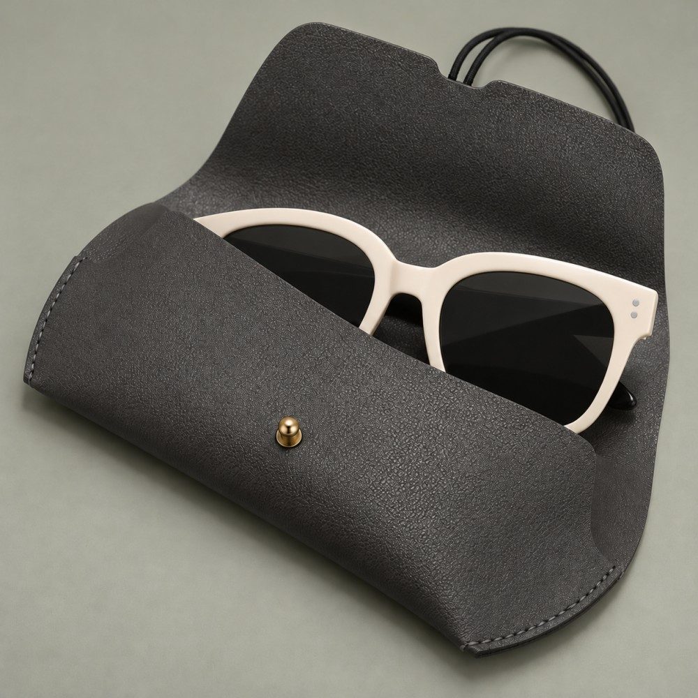 Gray soft sunglasses case displayed beside dark sunglasses on an optical store counter.