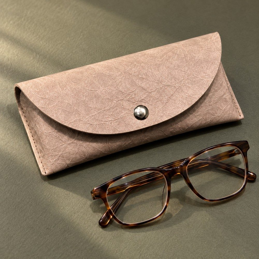 Khaki soft glasses case with a crinkled finish beside tortoiseshell eyeglasses