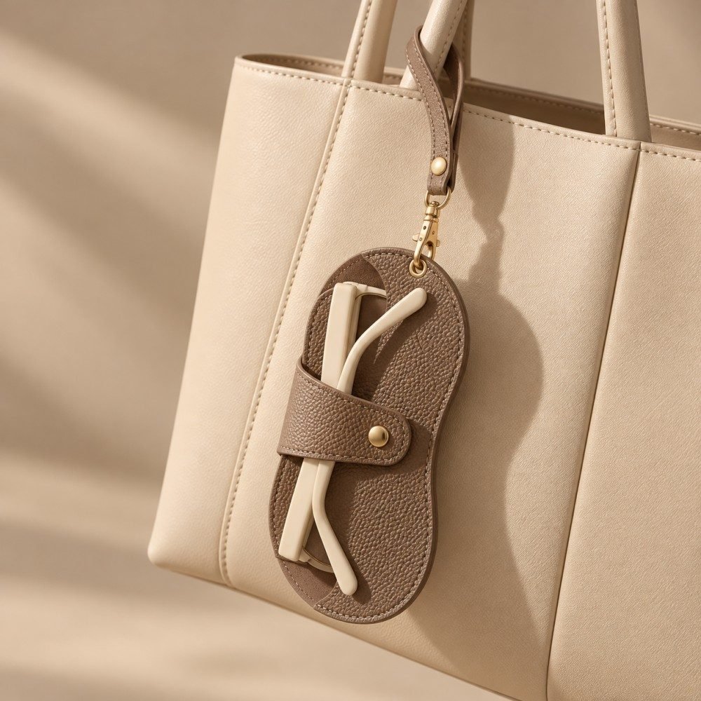 Glasses pouch with strap attached to a tote handle and holding folded eyewear
