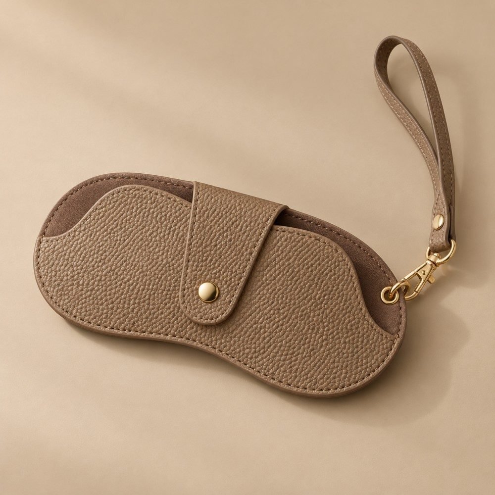 Taupe brown PU glasses pouch with strap and central snap-button closure