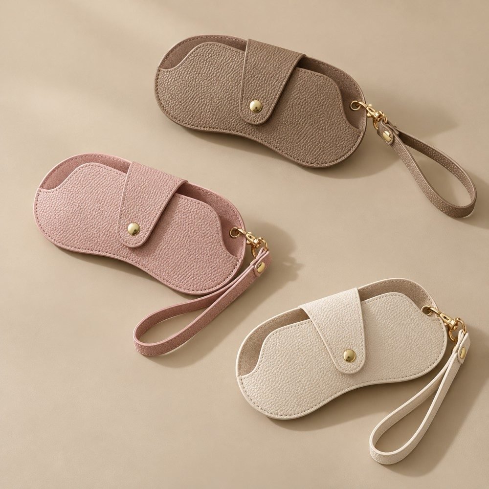 Hanging eyewear pouches in taupe brown, dusty pink and ivory with matching straps