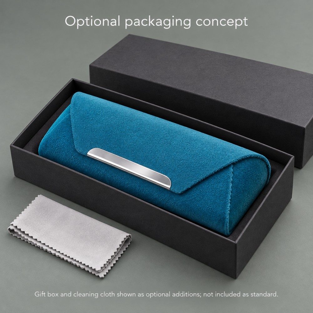 Teal magnetic sunglasses case in a charcoal gift box with a gray cleaning cloth, shown as an optional packaging concept.
