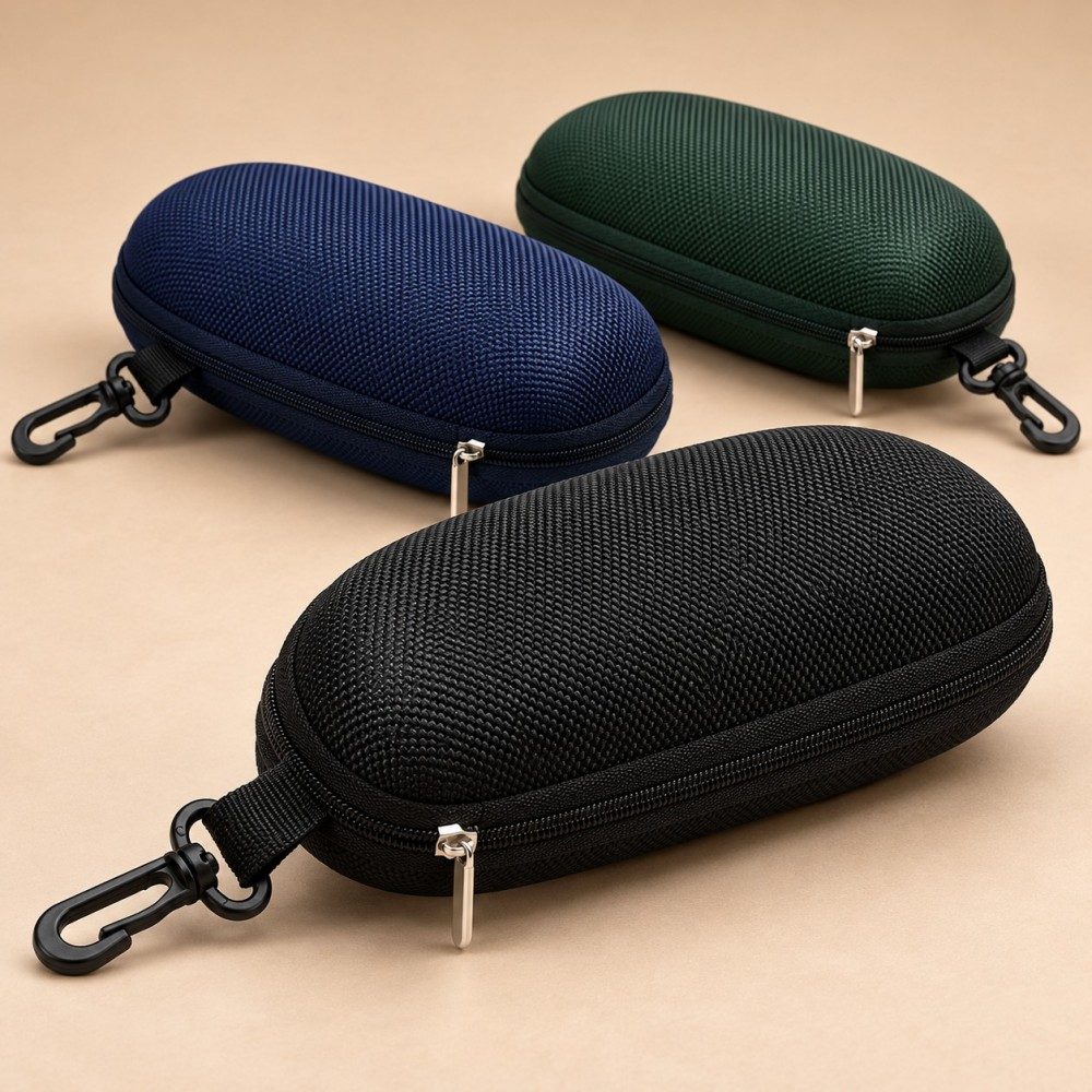 EVA glasses cases with zippers and swivel hooks in black, navy and green color concepts