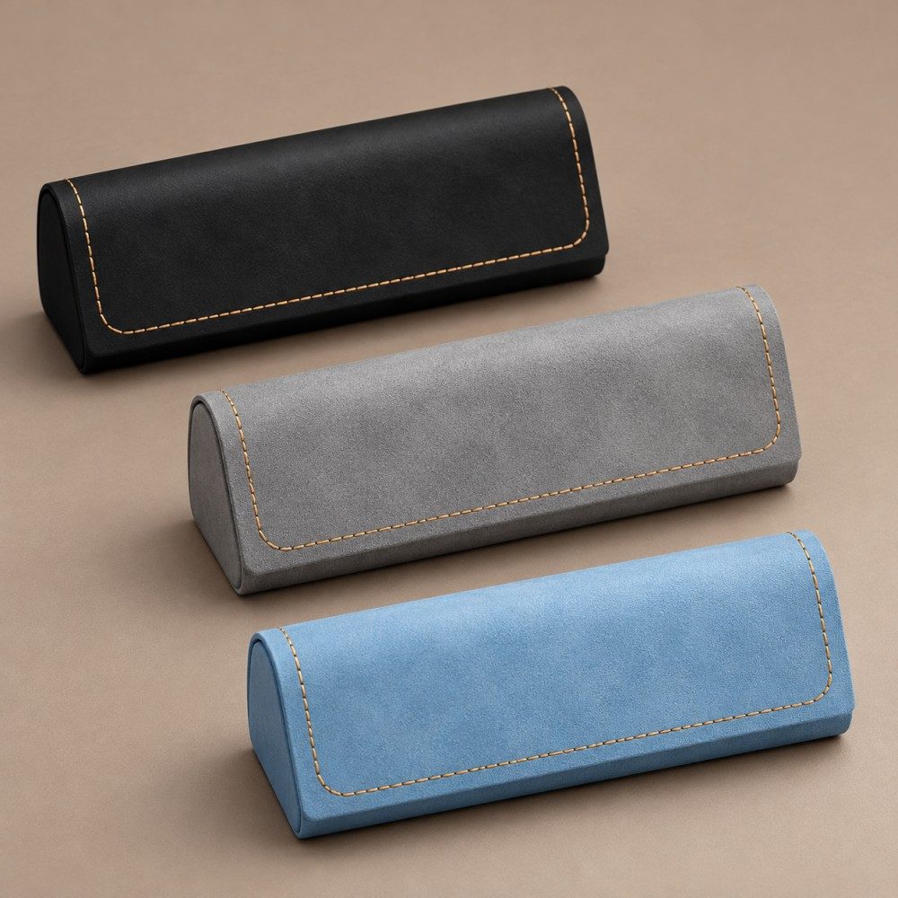 Black, gray and light blue JH eyeglass cases with matching wrapover flaps and tan stitching on a taupe background.