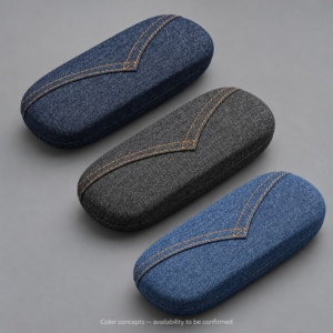 Indigo, charcoal and medium blue glasses case color concepts with matching stitched panels and an availability notice.