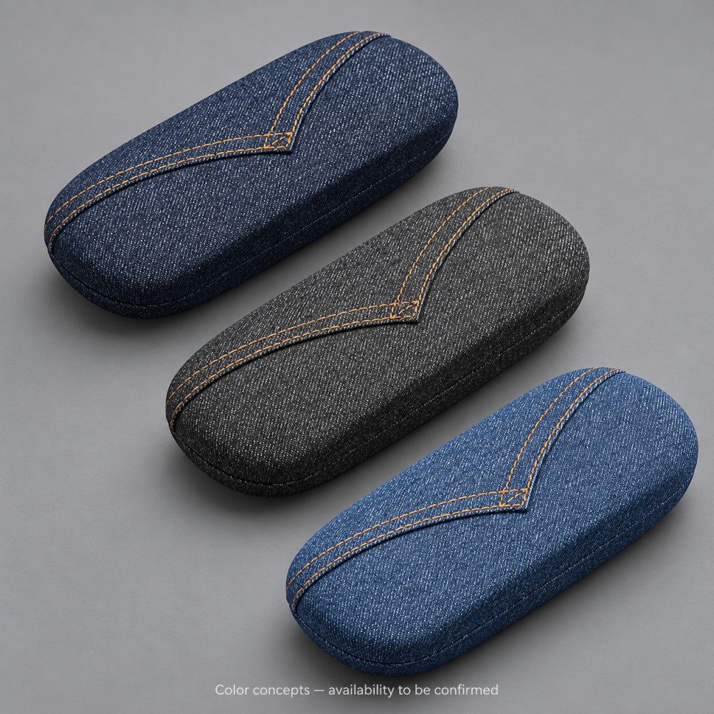 Indigo, charcoal and medium blue glasses case color concepts with matching stitched panels and an availability notice.