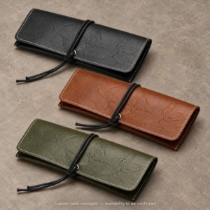 Wrap-cord glasses cases in reference black and conceptual brown and olive colors, with a custom color availability notice.