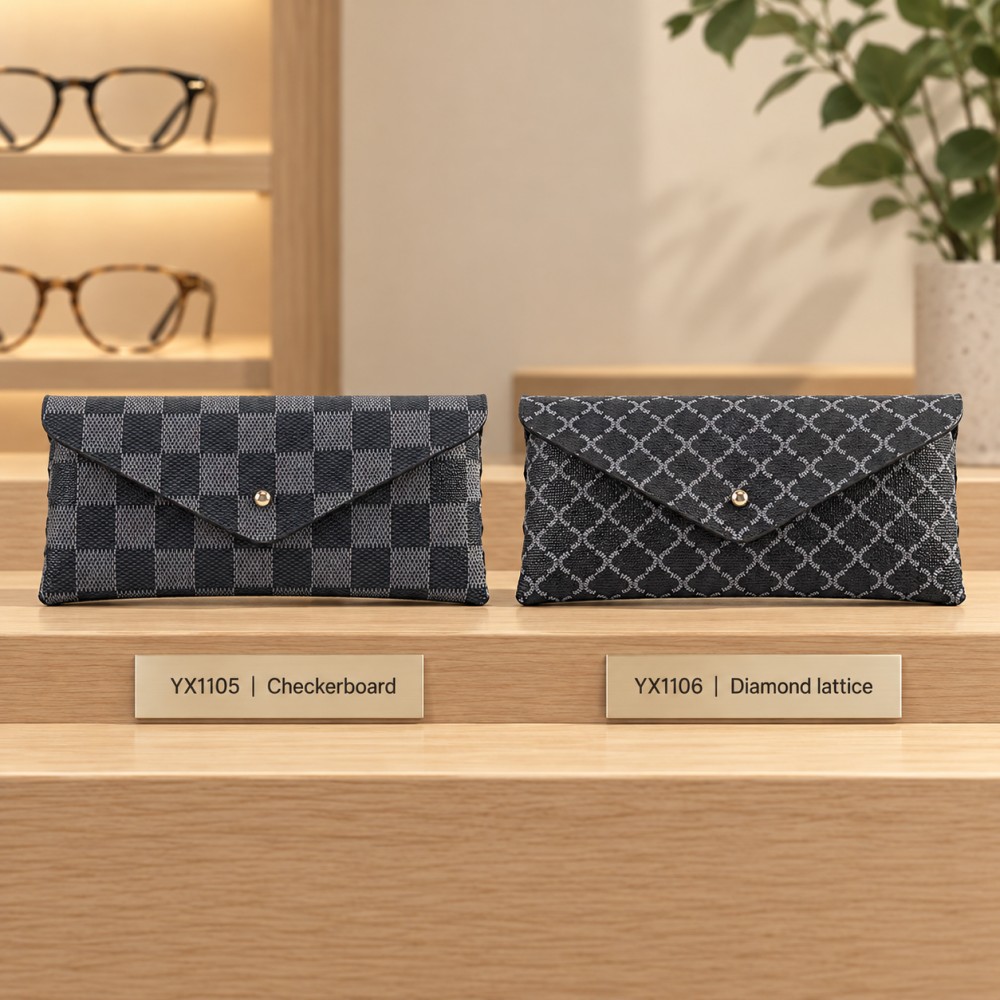 YX1105 checkerboard and YX1106 diamond lattice eyeglass cases displayed side by side with model labels on a wooden optical counter.
