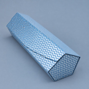 Light blue and silver wave-pattern glasses case with an overlapping flap and pentagonal end panel on a cool blue-gray background.