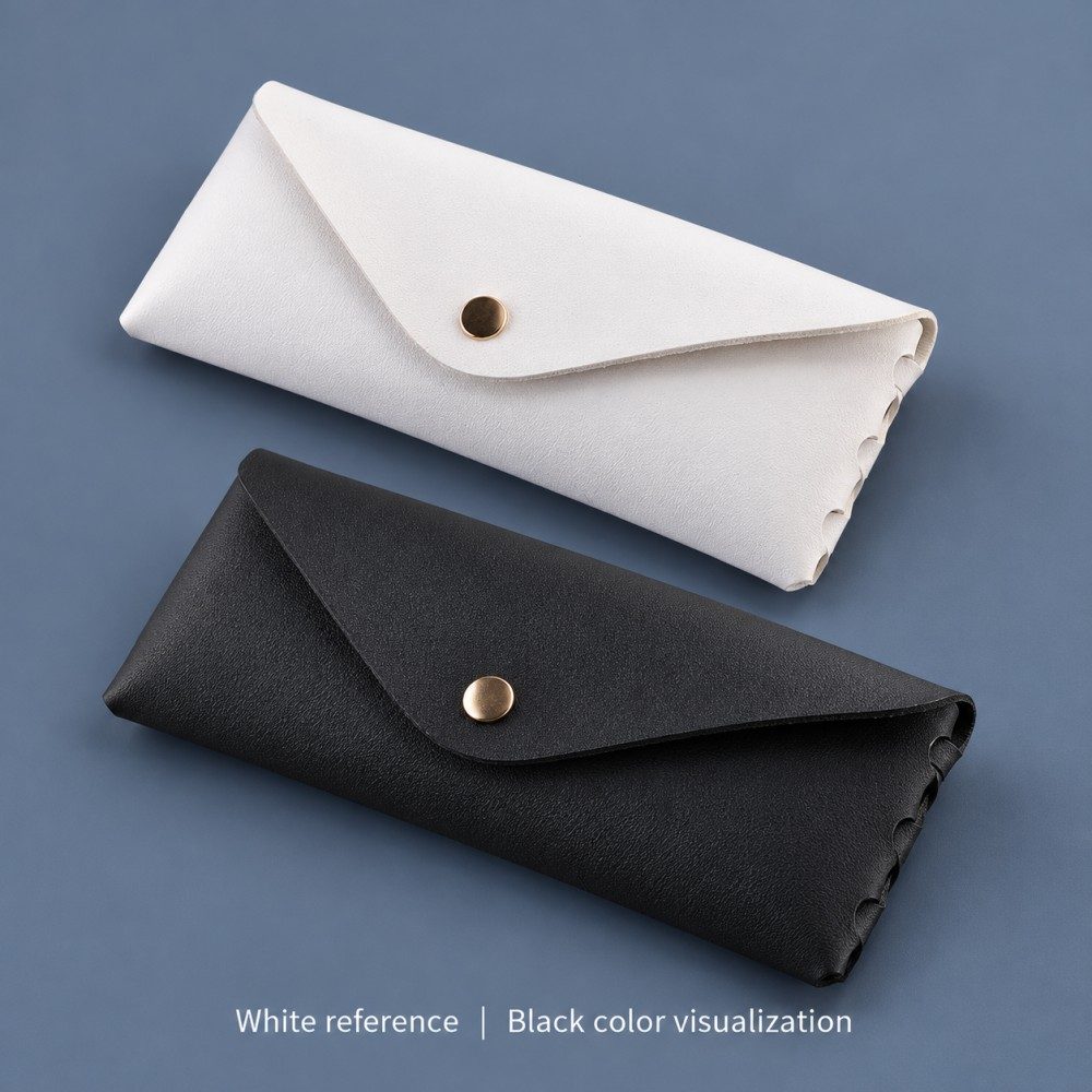 White reference glasses case beside a black color visualization, both with matching envelope flaps and gold-tone snaps.