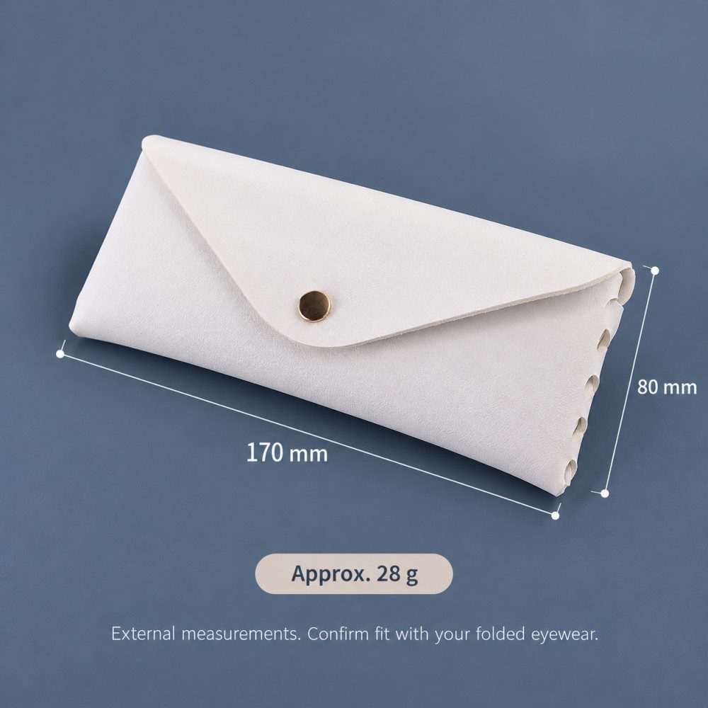 White YX1108 soft glasses case with external dimensions labeled 170 by 80 mm and an approximate weight of 28 g.